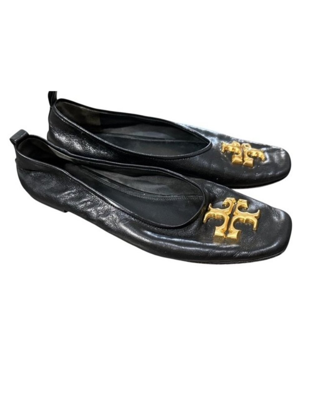 Tory Burch Eleanor 9.5 M Black Leather Gold Logo Ballet Flats Shoes Square Toe